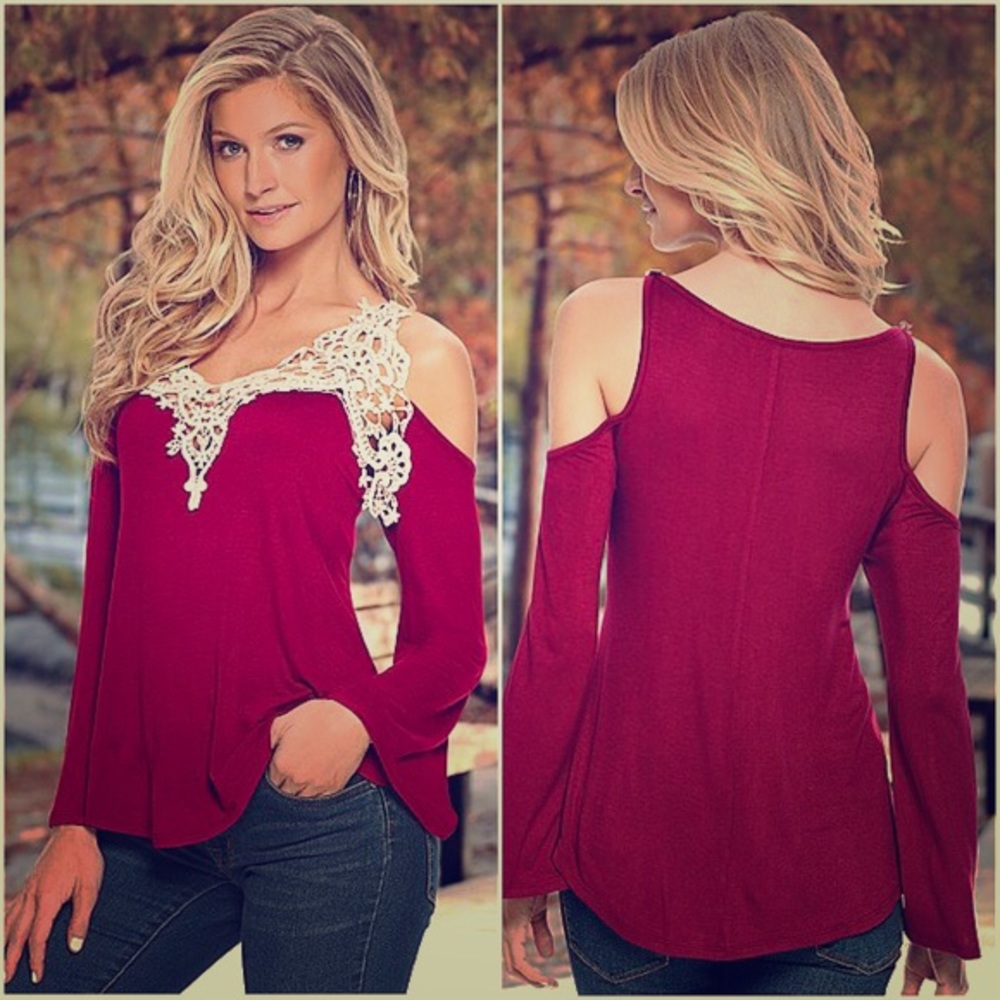 SALE NWOT Red Cold Shoulder Top w/ White Lace XL
