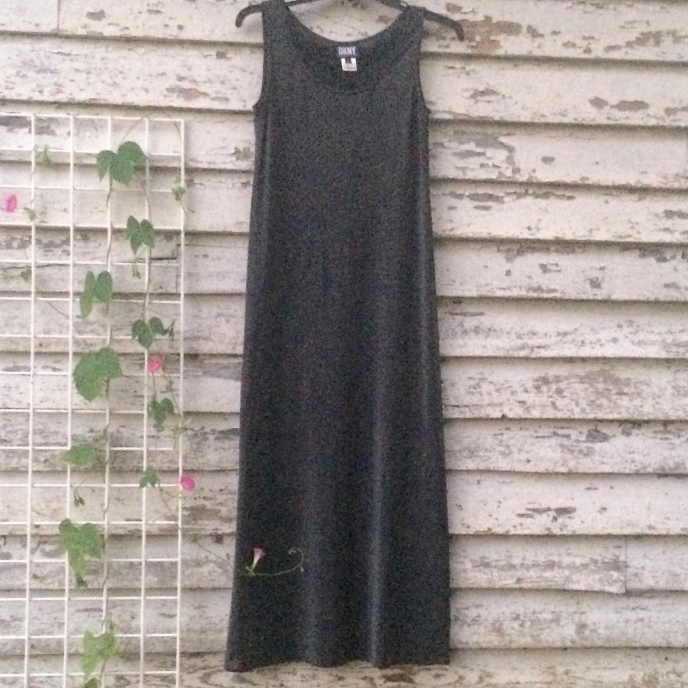 Vintage DKNY 90s dark grey metallic slip dress, modernist style. Sz L, unusual