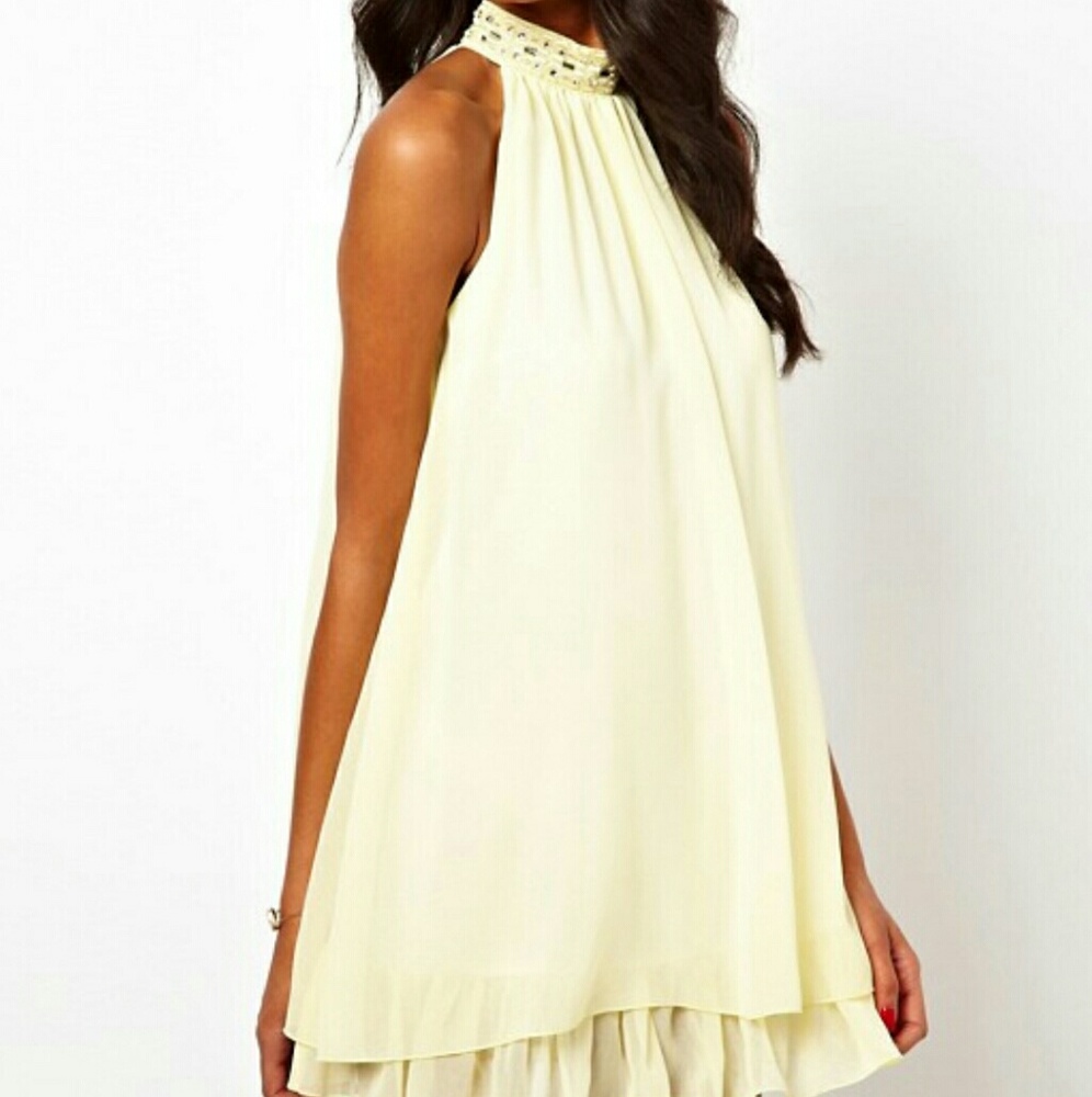 Yellow High Neck Embellished Dress