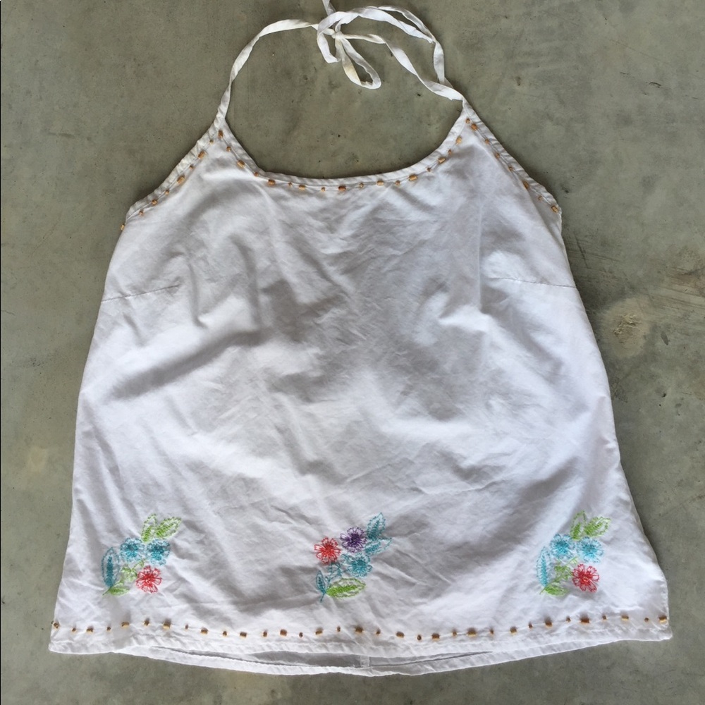 White Cotton Beaded and Embroidered Halter Top