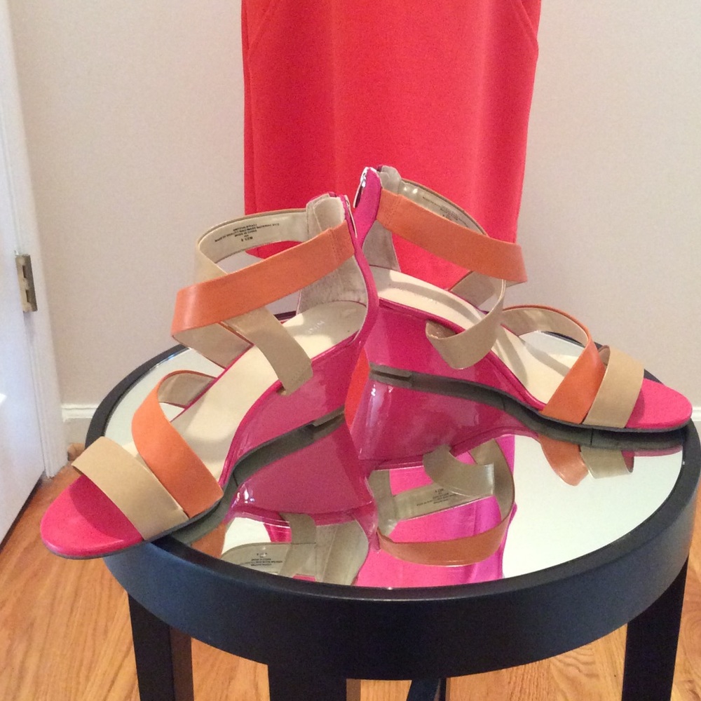 Nine West Fuchsia Orange Tan Sandals EUC