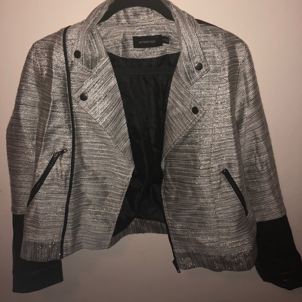 Mink pink blazer w/ leather details & metallic