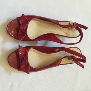 Red open-toe espadrille wedges