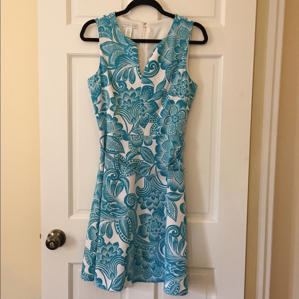 Blue paisley fit-and-flair belted dress
