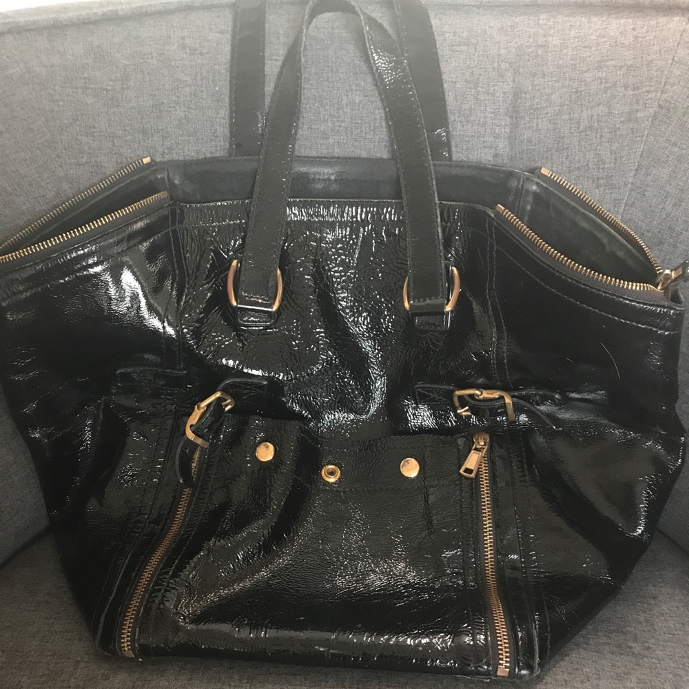 Black patent leather large downtown tote bag