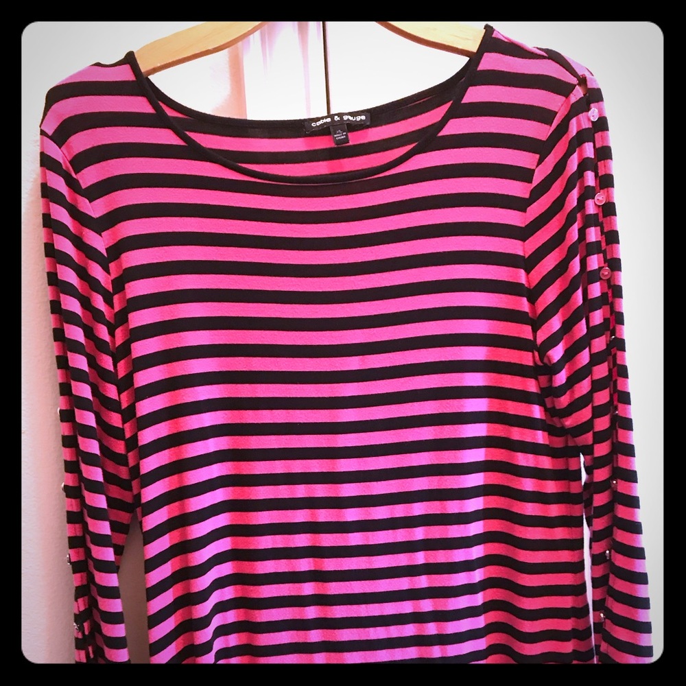 Hot Pink & Black Striped Boat Neck Top
