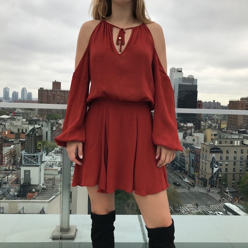 Zara Cold Shoulder Mini Dress in Rust