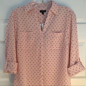 NWT pink button down blouse with black polka dots