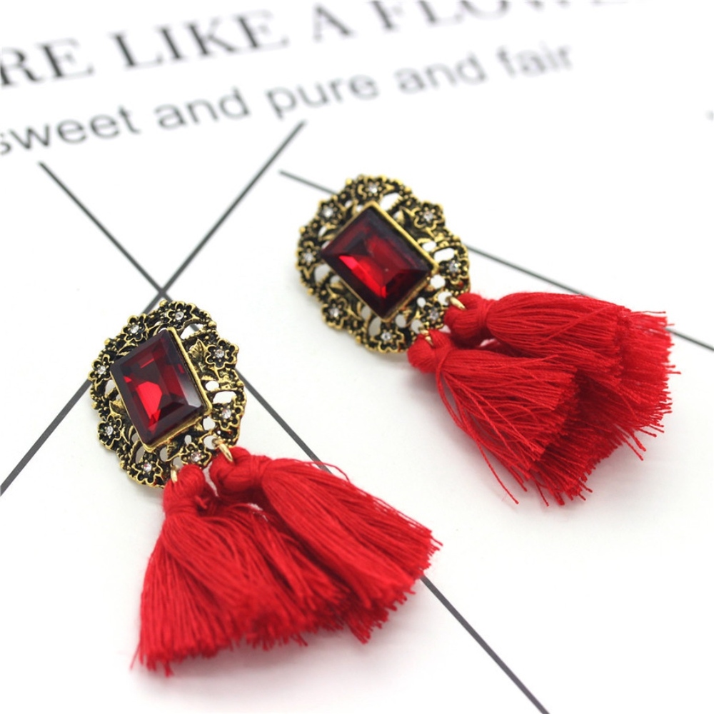 Red Crystal Vintage Double Tassel Stud Earrings