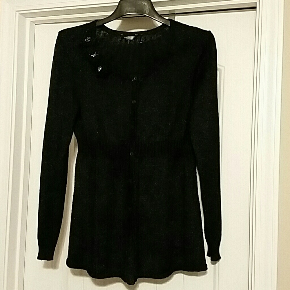 Daisy Fuentes Black Cardigan with Flower Accent