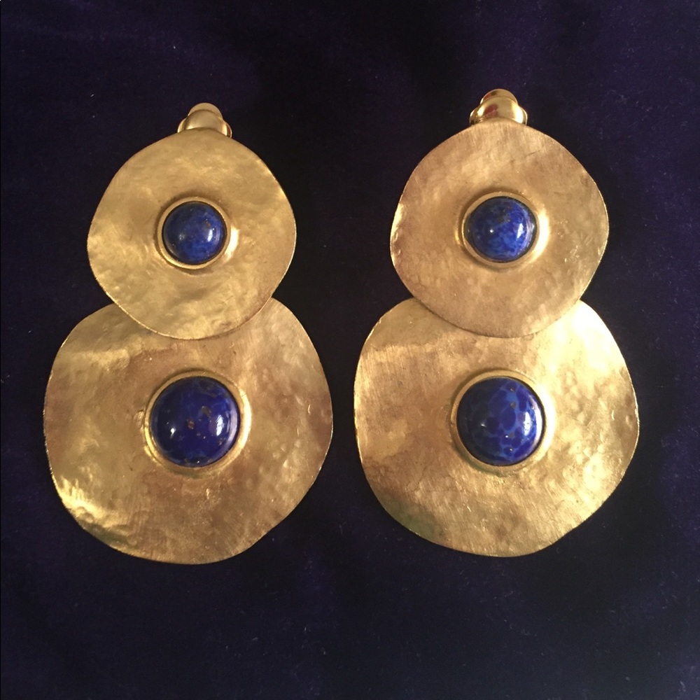 Earrings! Classy. Clip-on. Gold/Lapis Lazuli.