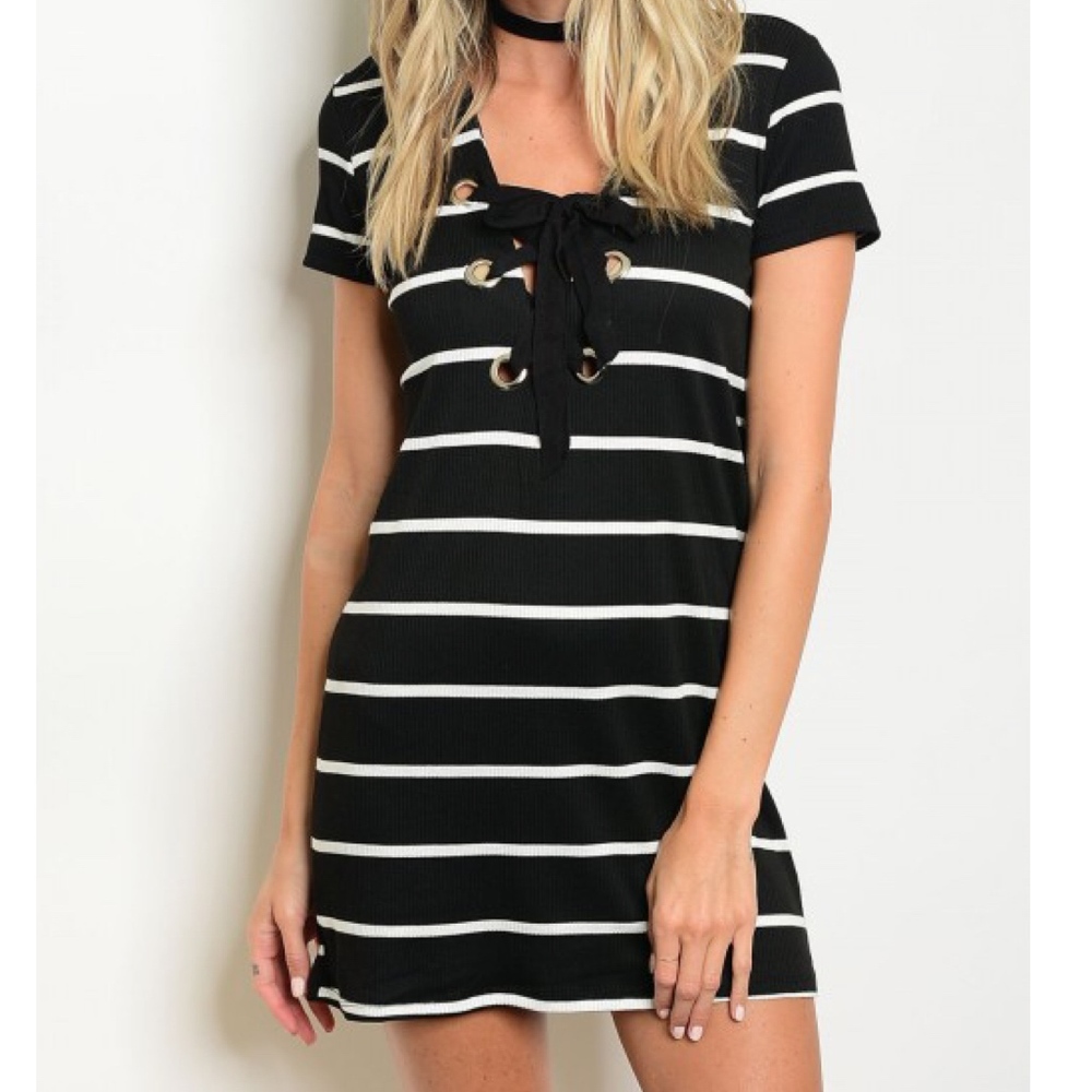 Lace Up Black and White Dress