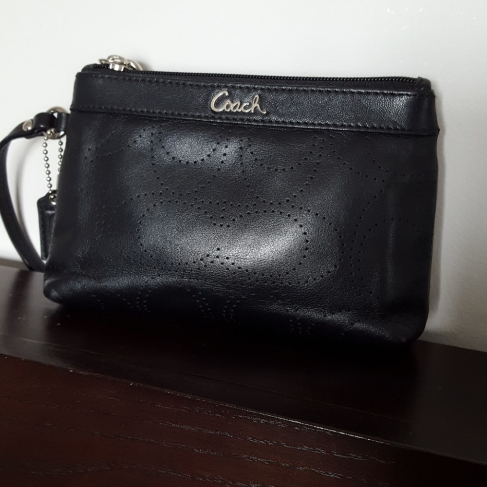 Coach Black Leather perforated "C" wristlet