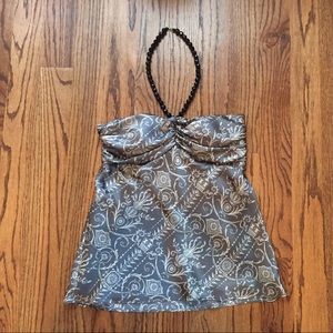 Strapless silk top with detachable black necklace