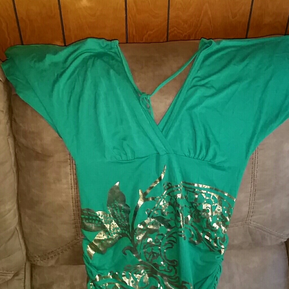 Tunic top. Metallic gold floral print