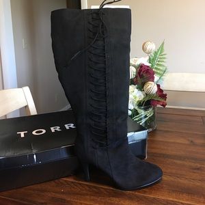 Torrid- Knee high side laced faux suede boots.