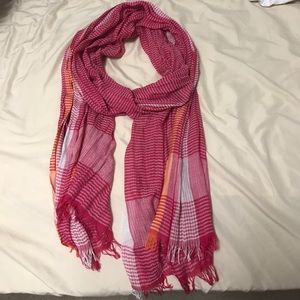 Checkered and striped pink white and orange scarf