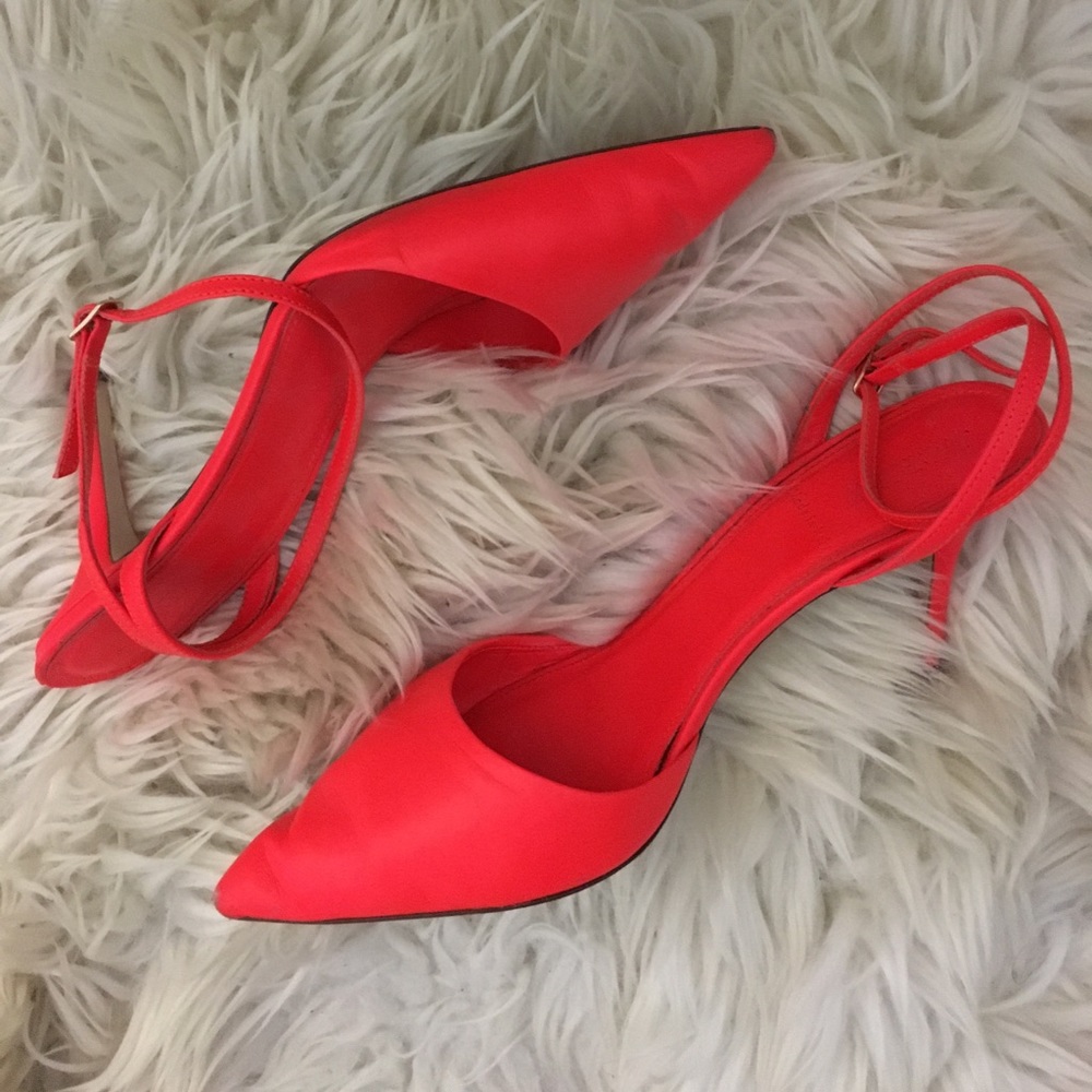 Neon coral ankle strap heel