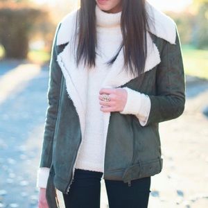 Olive Green Faux Shearling Moto Jacket