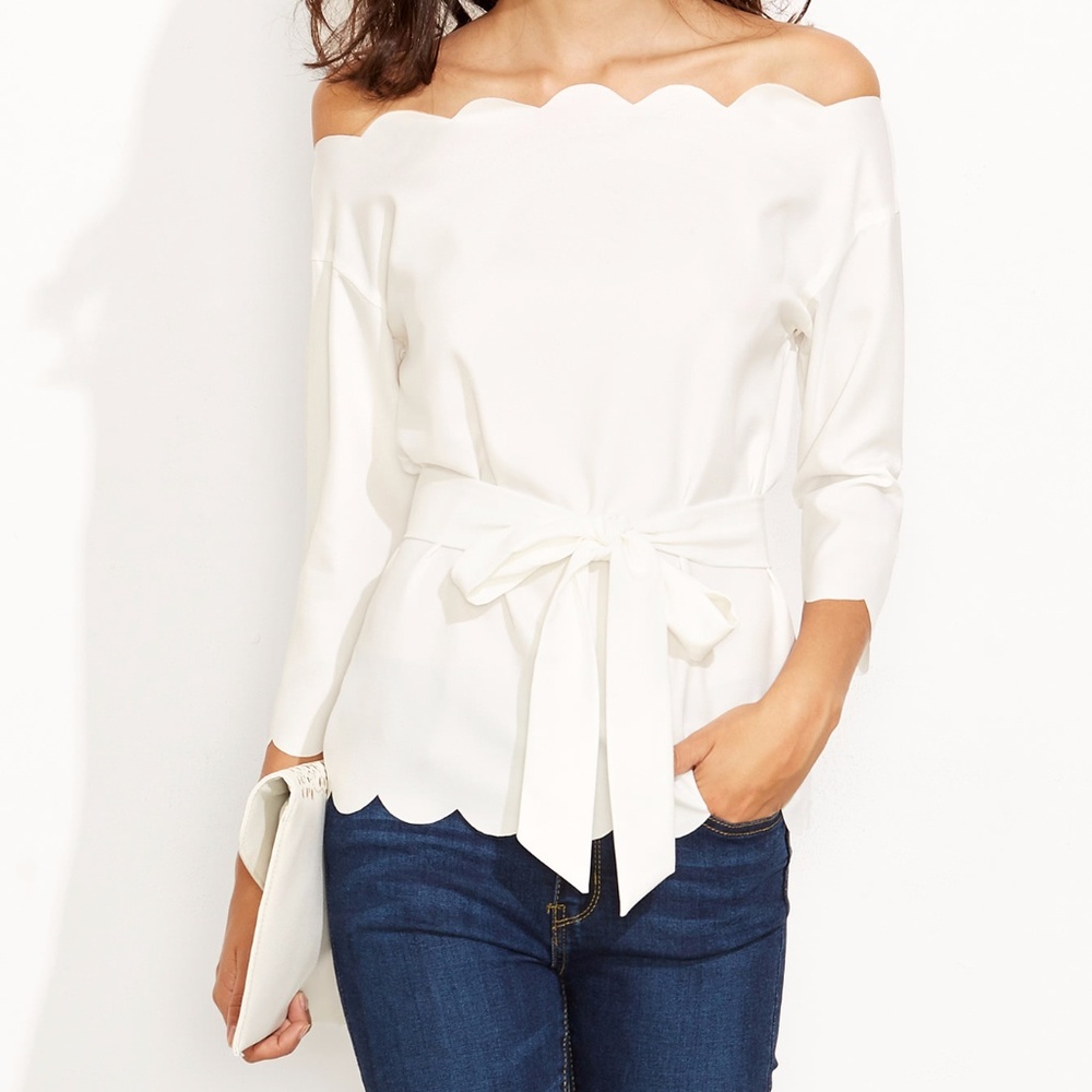 NWT Scallop Trim Bardot Self Tie Top