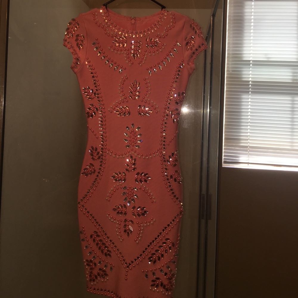 Round Neck Short Sleeves Beadings pink dress