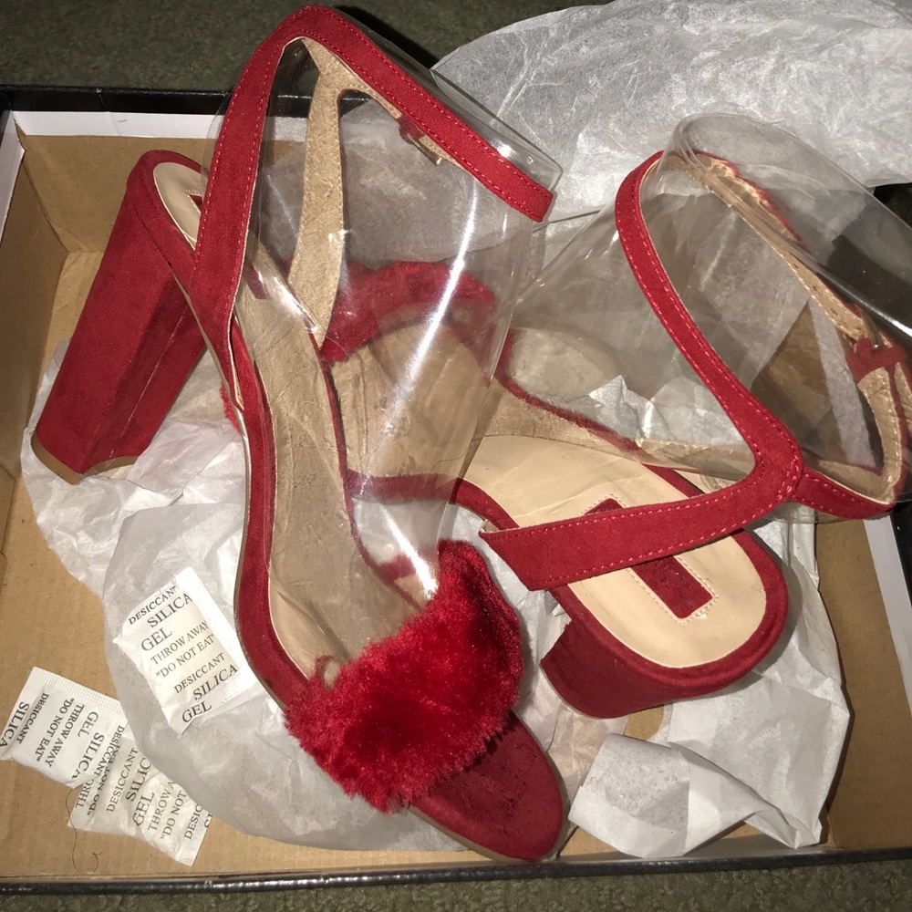 Forever 21 red faux-fur chunky heels