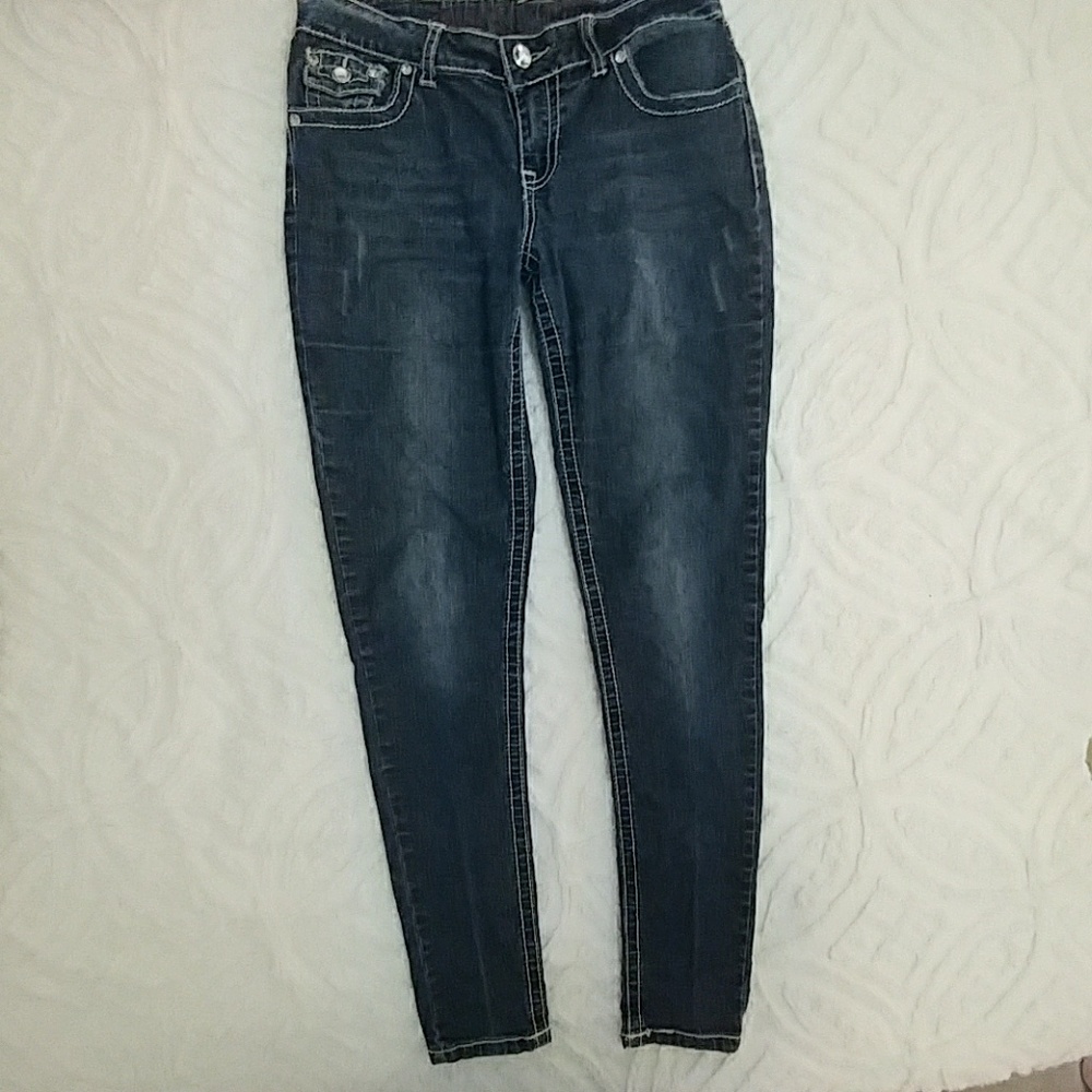 💀Rhinestone Distressed Skinny Jeans sz 7/8 - Picture 2 of 8