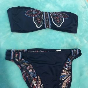 Navy Embroidered Bandeau Bathing Suit Set