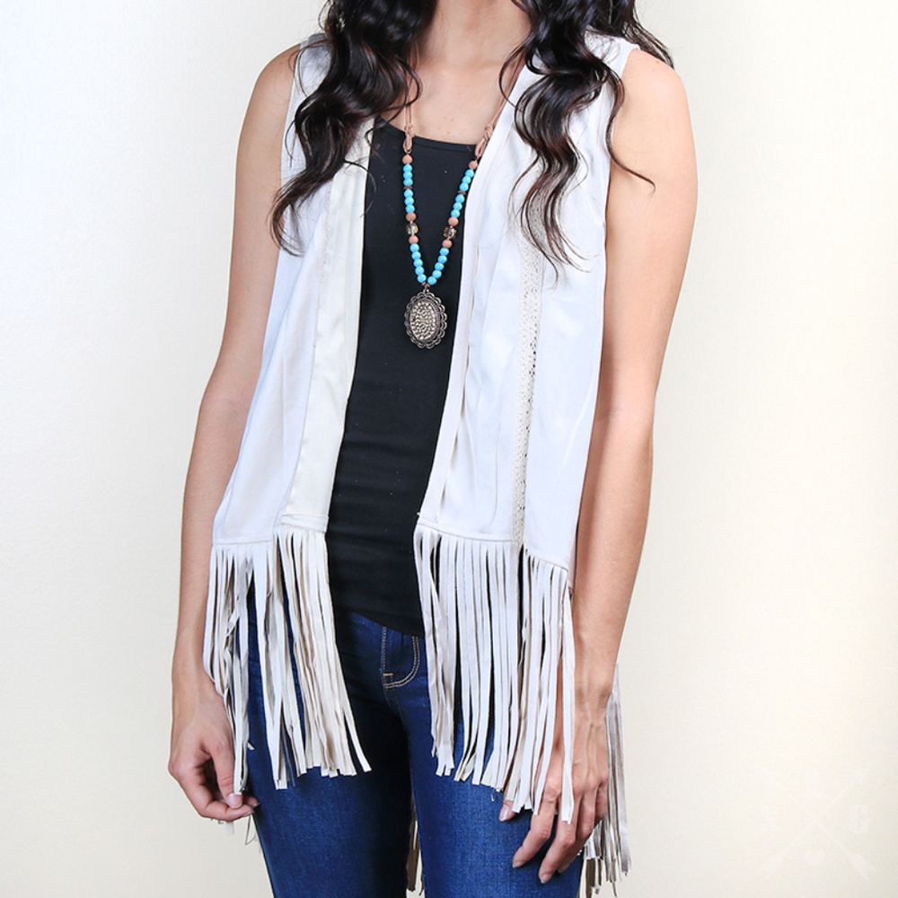 Grace & Emma Vest Fringe Faux Suede Cream Plus