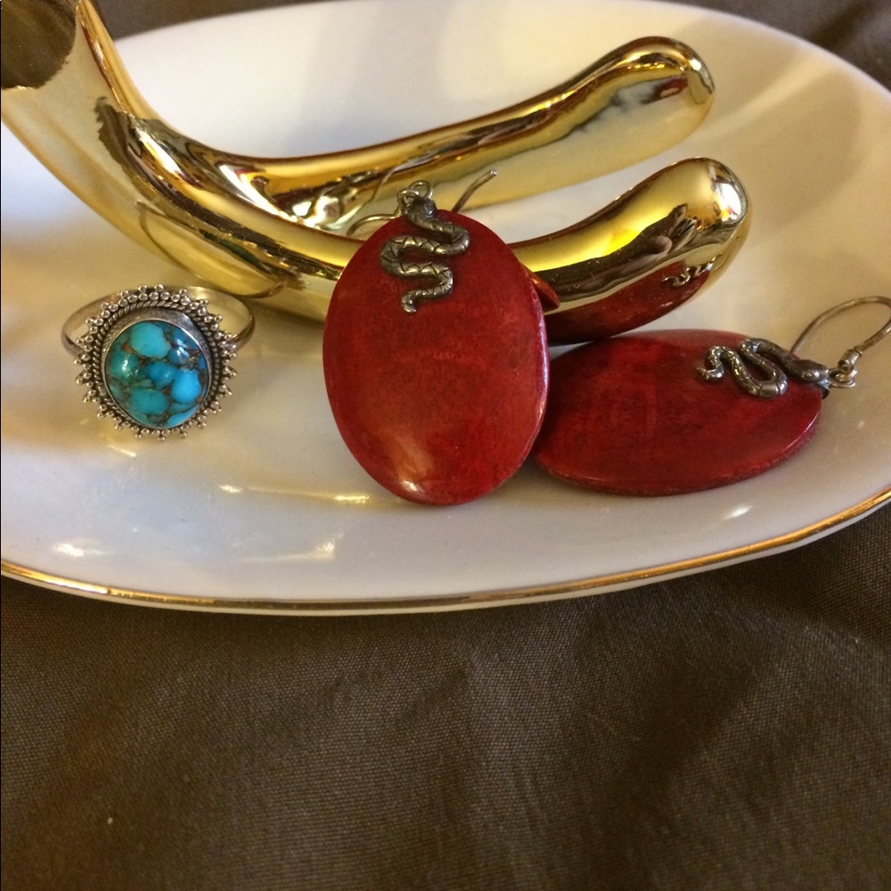 925 Turquoise Ring & Coral Snake Earrings Set
