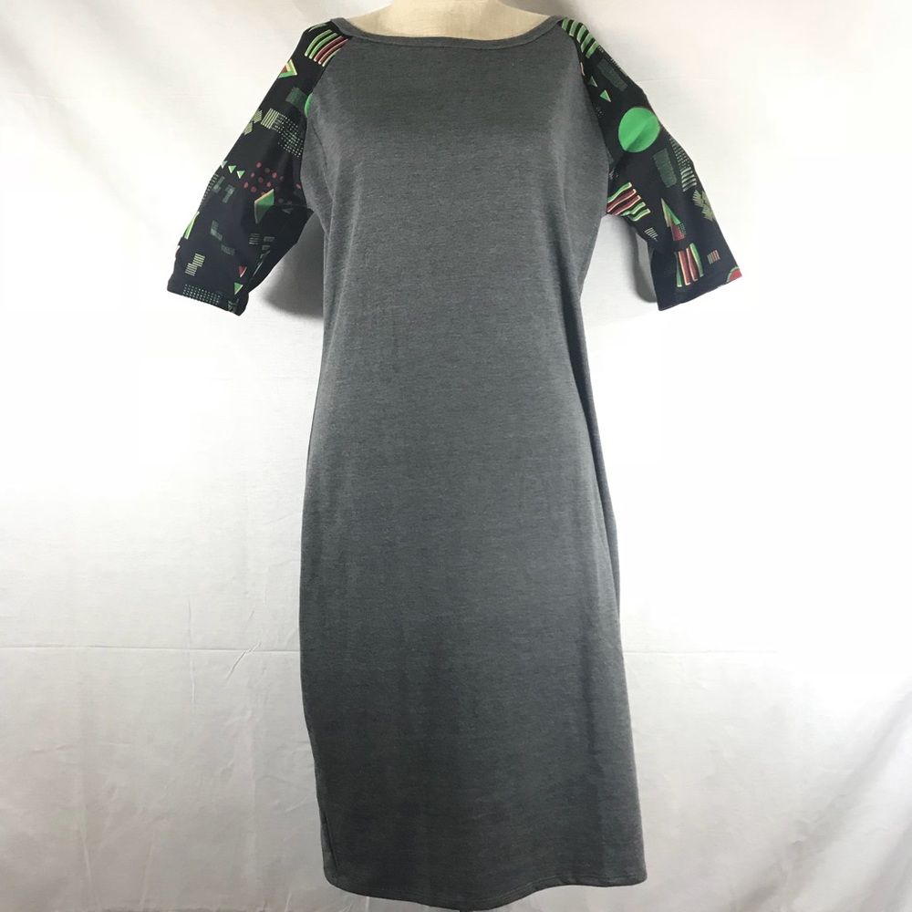 LulaRoe Gray dress with geometric print sleeve.