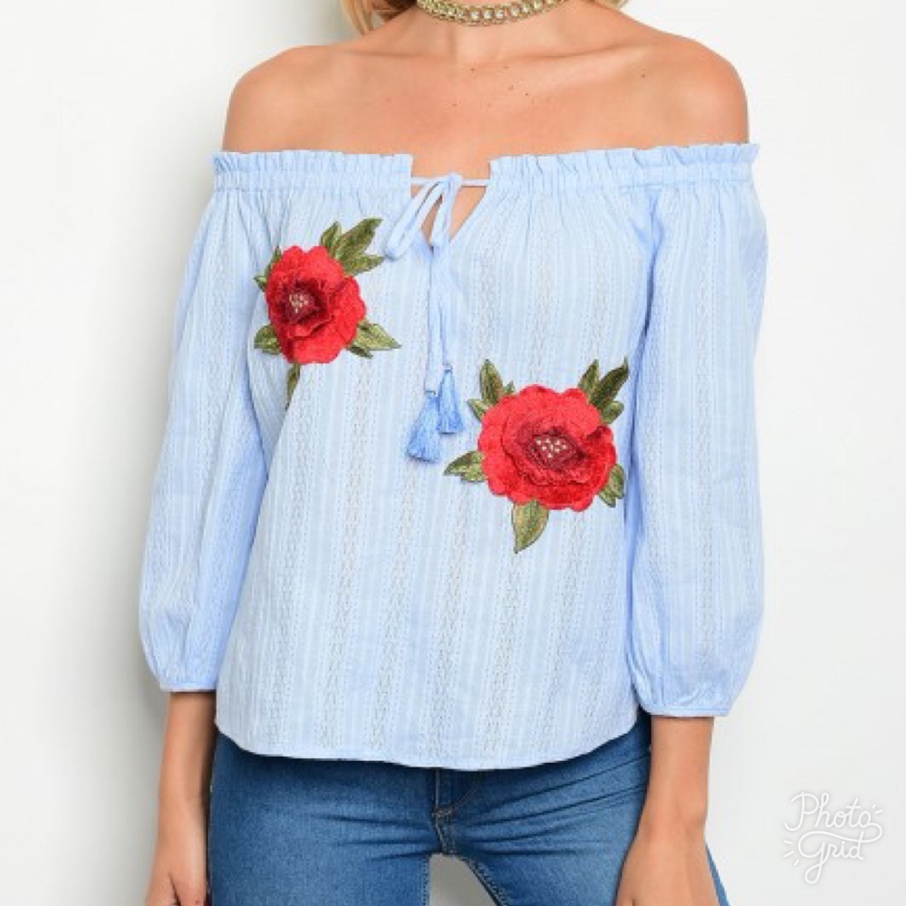 Rose Embroidered Off Shoulder Blouse