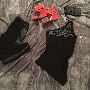 NWOT black rhinestone cut-out one shoulder top