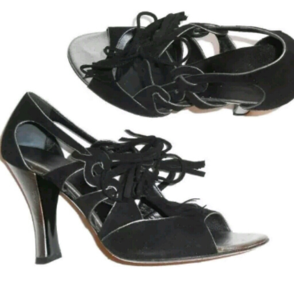 CHANEL Black Heels Silver Tassle Open Toe