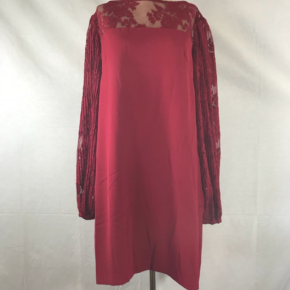 WHBM Red dress with lace sleeves and lace upper