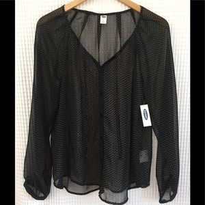 Sheer button down blouse with tie strings at neck