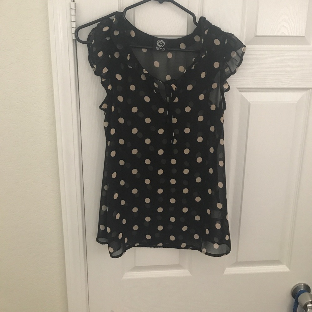Black and tan polkadot sheer shirt
