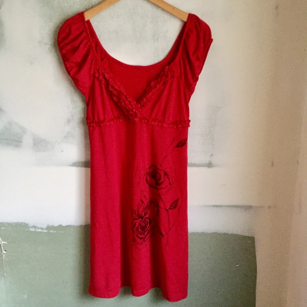 Red Ruffle Dress W/ Hand Drawn Roses