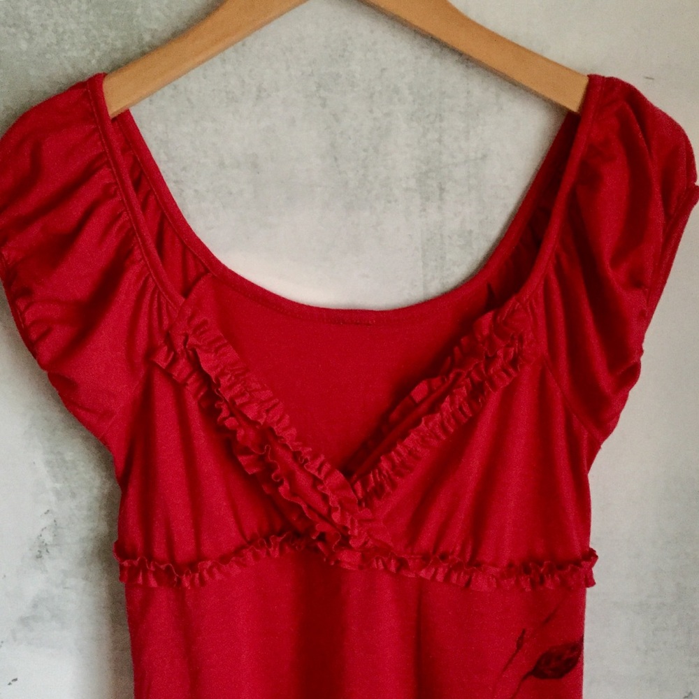 Red Ruffle Dress W/ Hand Drawn Roses - Picture 2 of 5