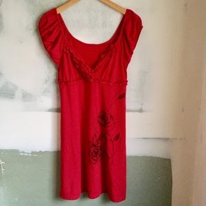 Red Ruffle Dress W/ Hand Drawn Roses