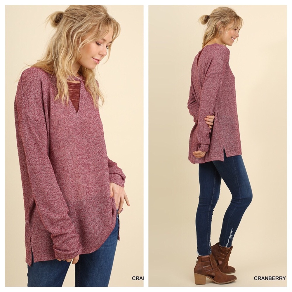 UMGEE Cranberry Knit Top w/ Keyhole Detail