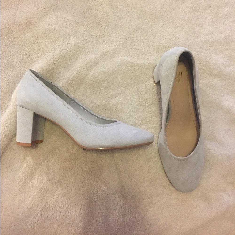 Light Blue, Suede, H&M Low Chunky Heels