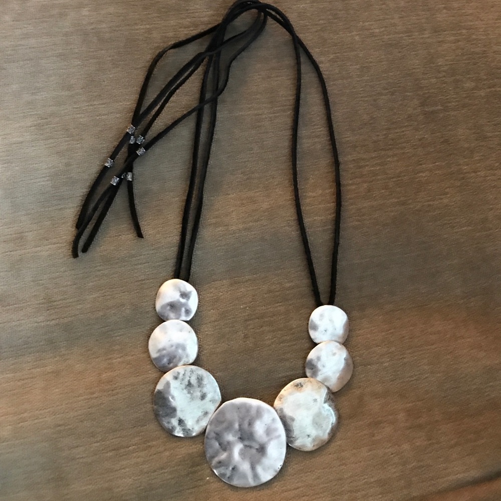 Silver Necklace with black faux suede lace