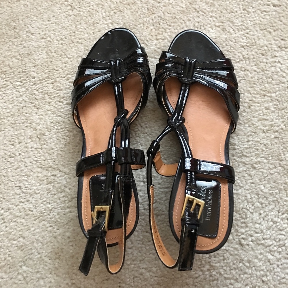Black Patent Leather Wedge Sandals