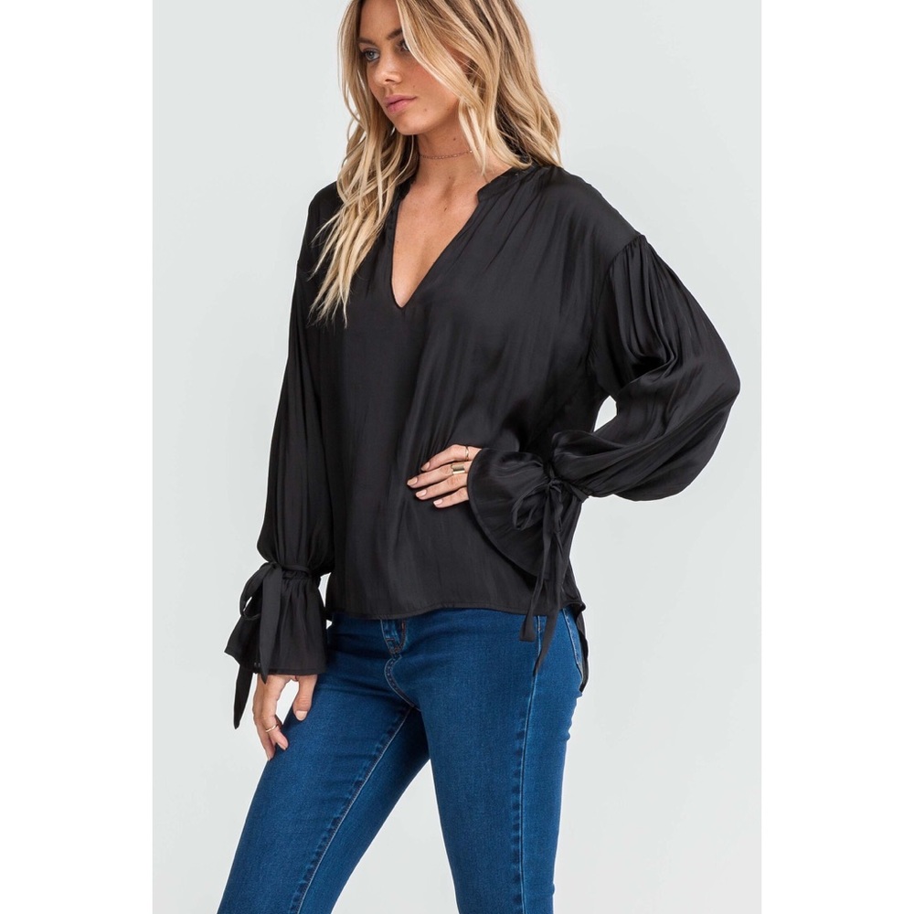 Satin Bell Sleeve Henley - Picture 2 of 7