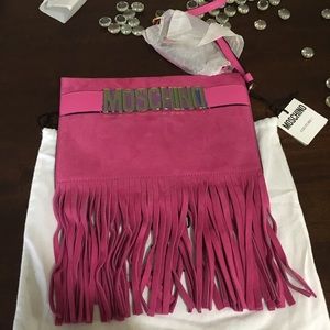 Authentic MOSCHINO Pink suede clutch with fringe