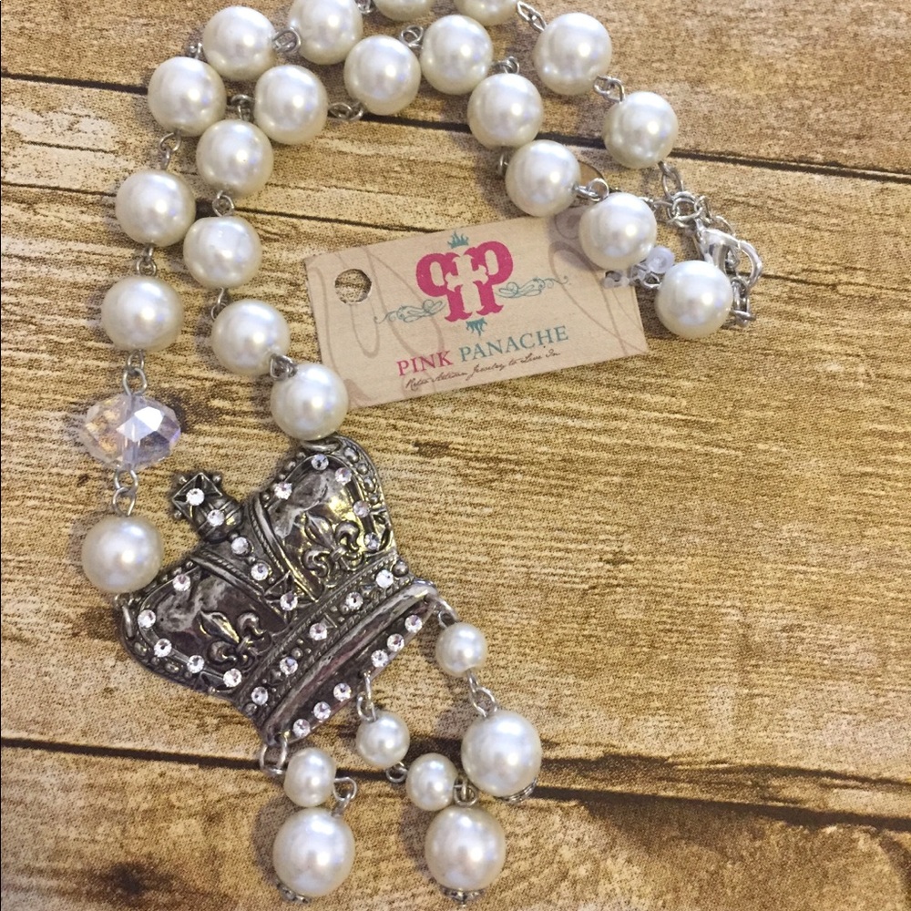 Faux Pearl with Crown Statement Necklace