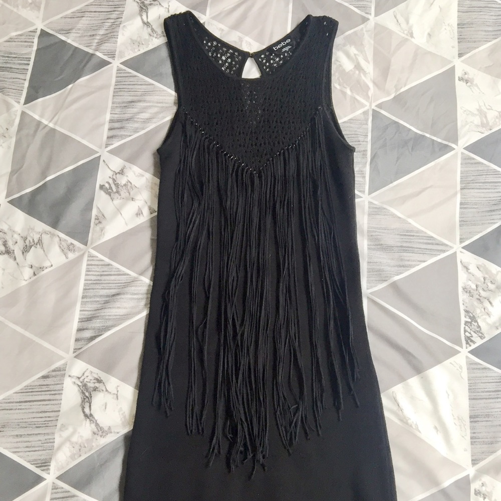 Black BEBE fringe dress