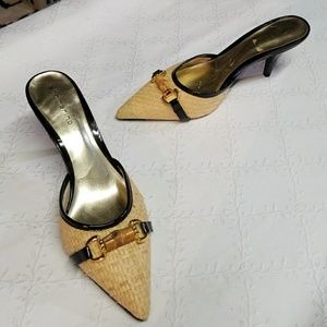 Darling woven mules with bamboo and D-ring accent