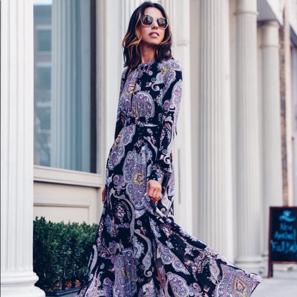 Express purple paisley long poet sleeve boho dress
